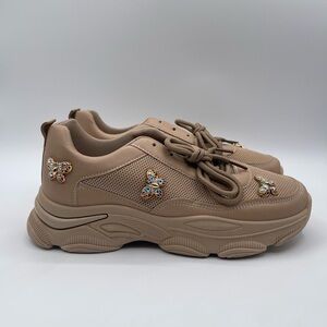 Trendy Beige Women's Sneakers with Shiny Butterfly Details Comfortable & Stylish